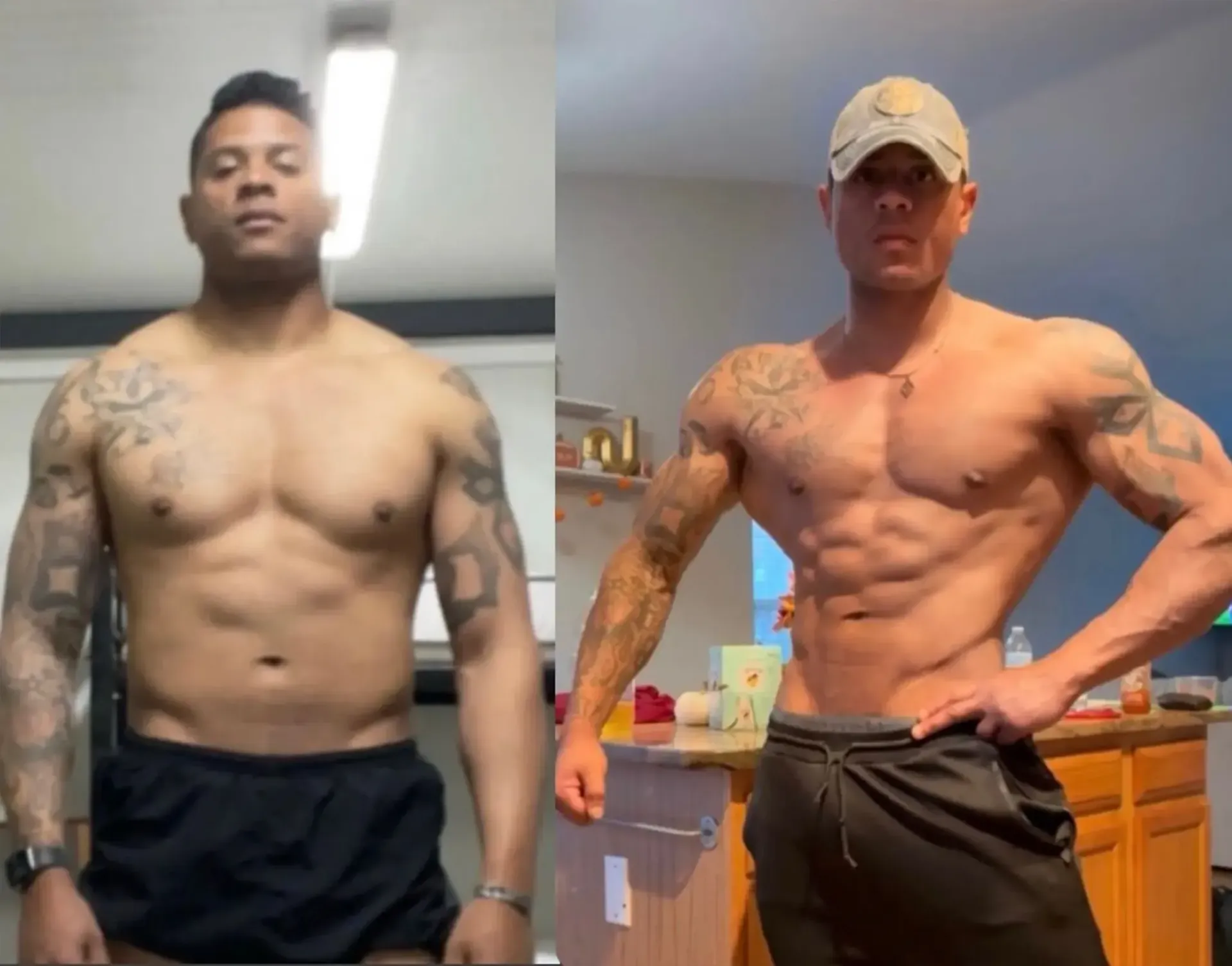 Transformation photos: person in sports bra and shorts, then bikini.  Visible weight loss and muscle definition.