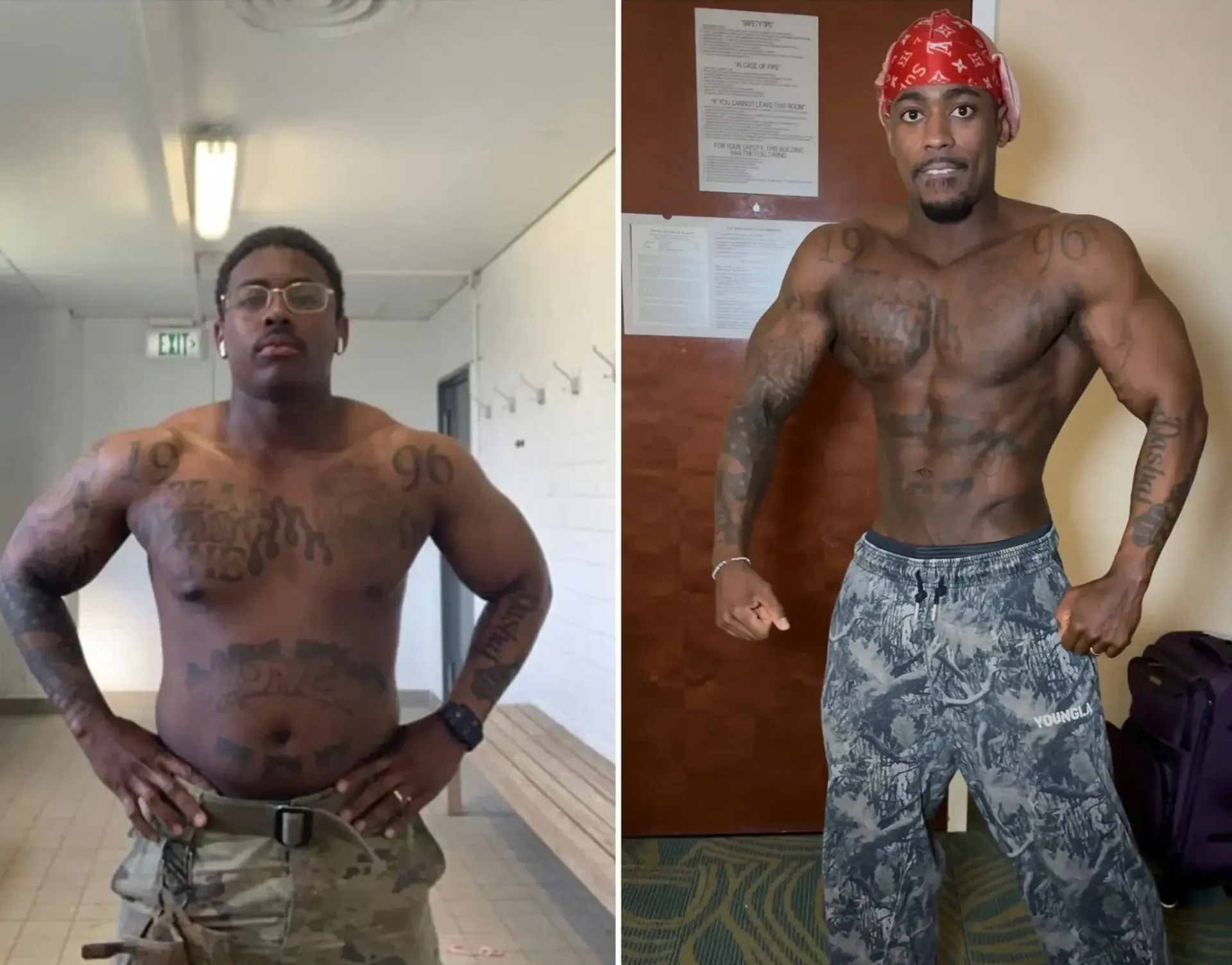 Two side-by-side photos. The person in each photo poses wearing shorts and a top. The photos show visible changes in body composition.