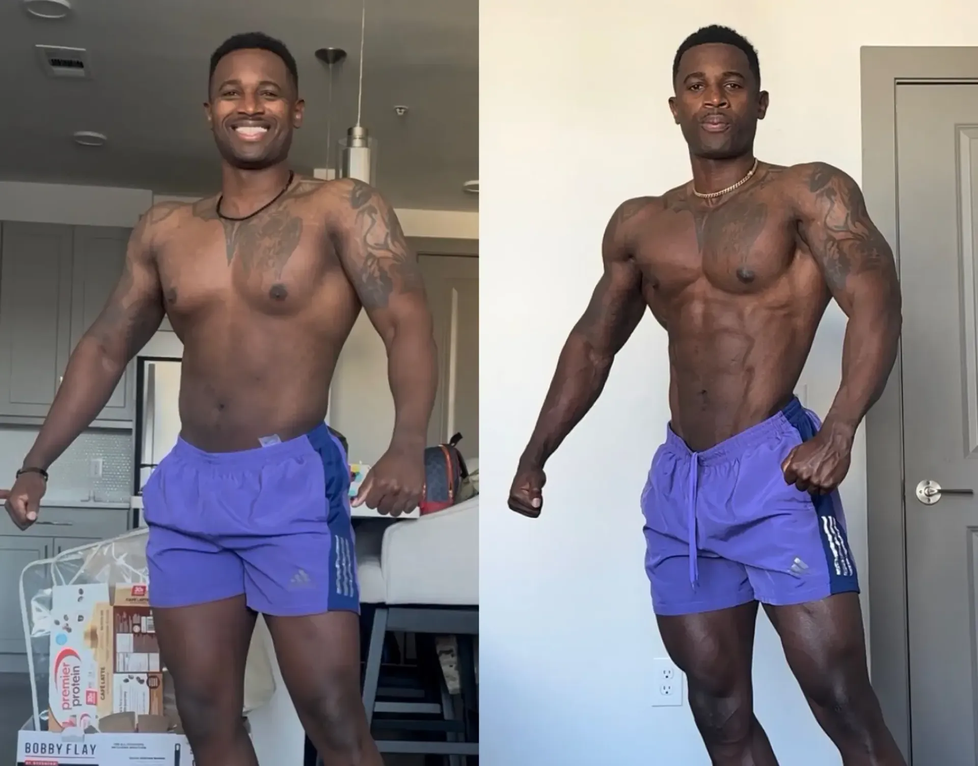 Before and after photos: Person in activewear, showing weight loss progress, front, side, and back views.