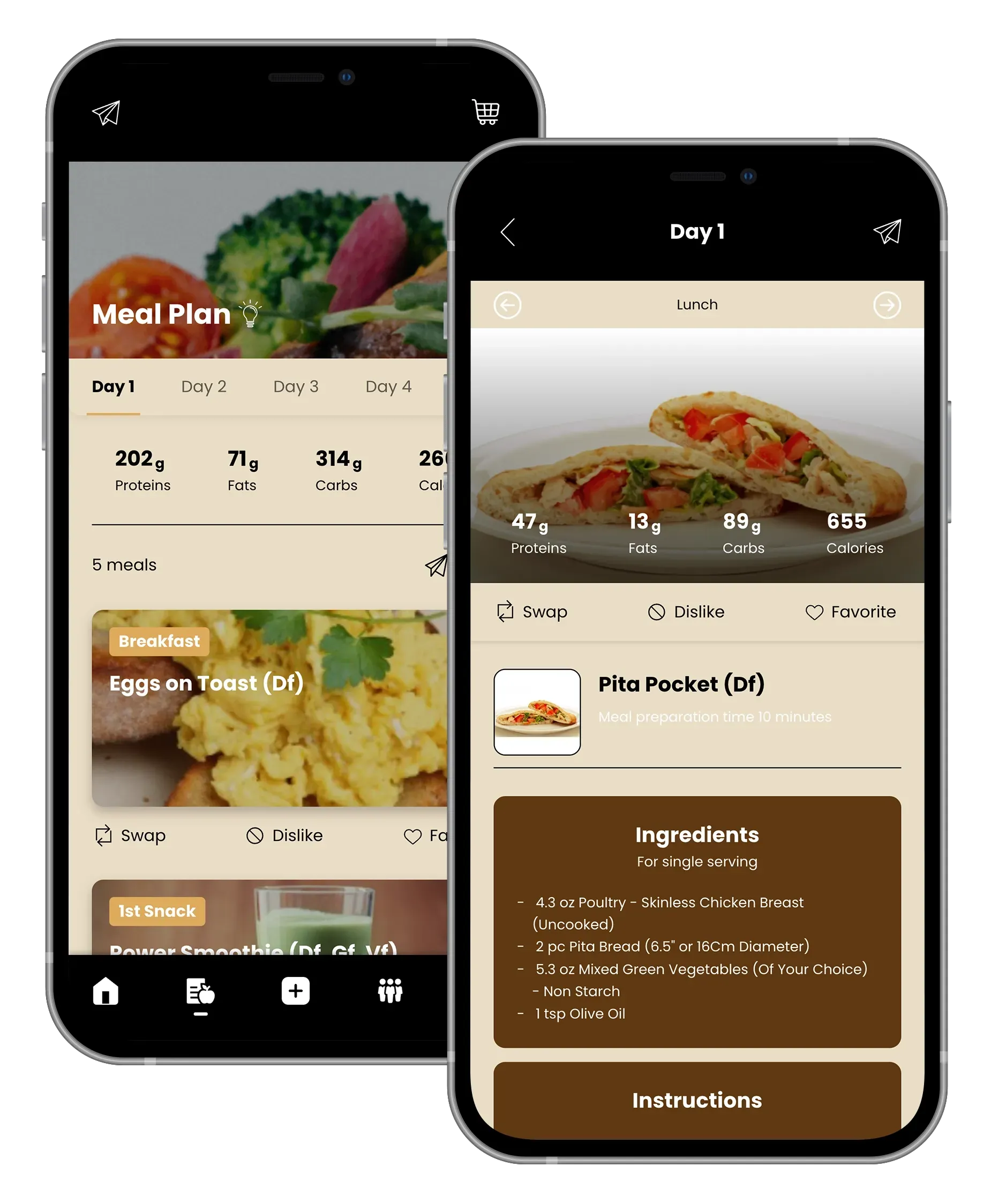 Two mobile phones showing a meal plan app interface with food photos and nutritional information.