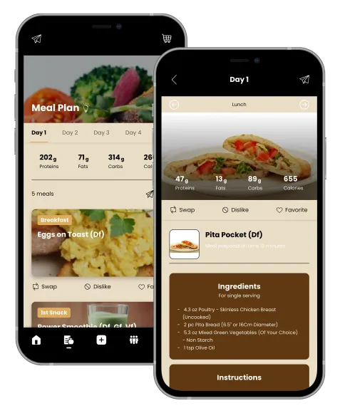 Two mobile phones showing a meal plan app interface with food photos and nutritional information.