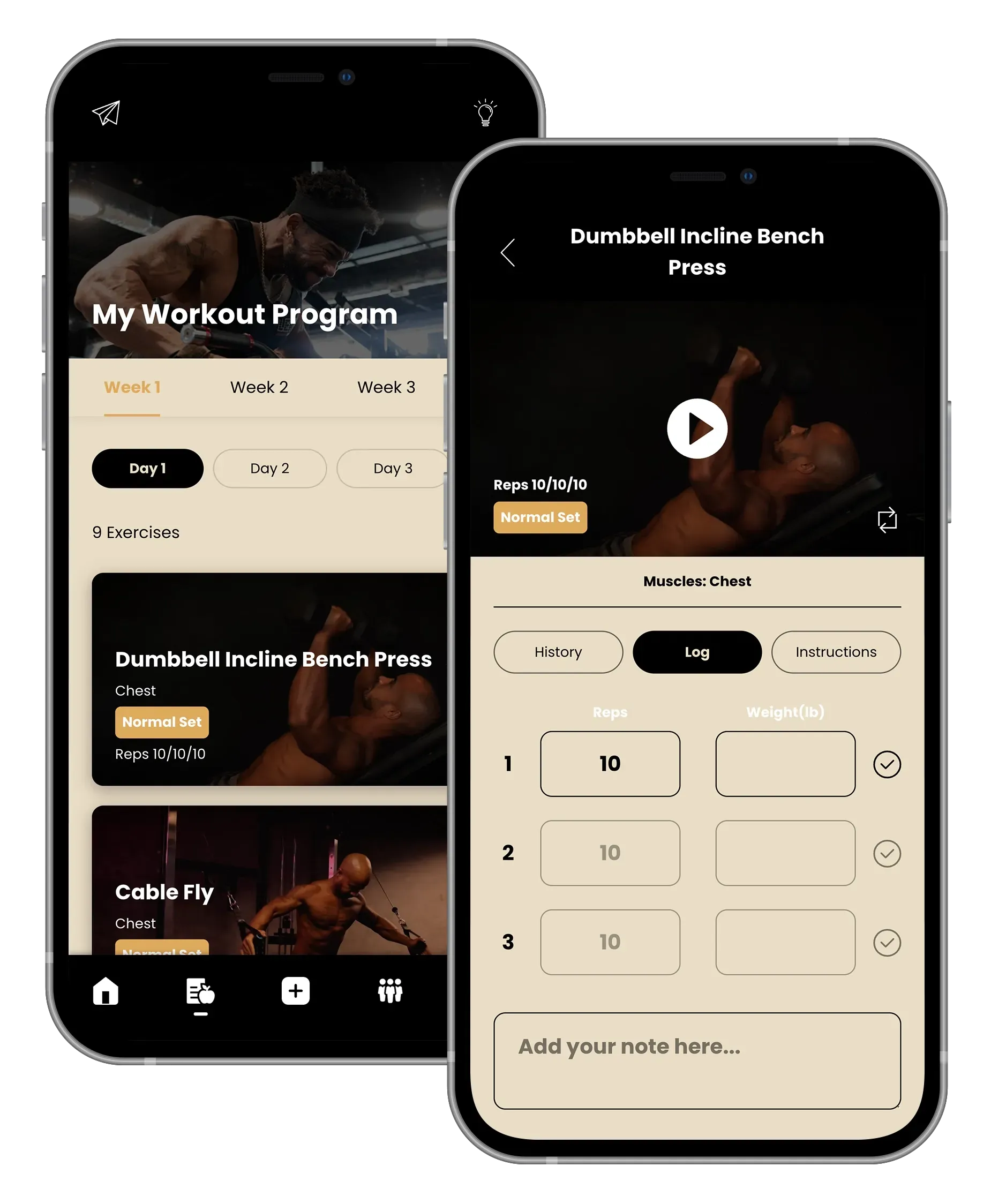 Two smartphones displaying a fitness app: workout program menu and dumbbell incline bench press exercise details.