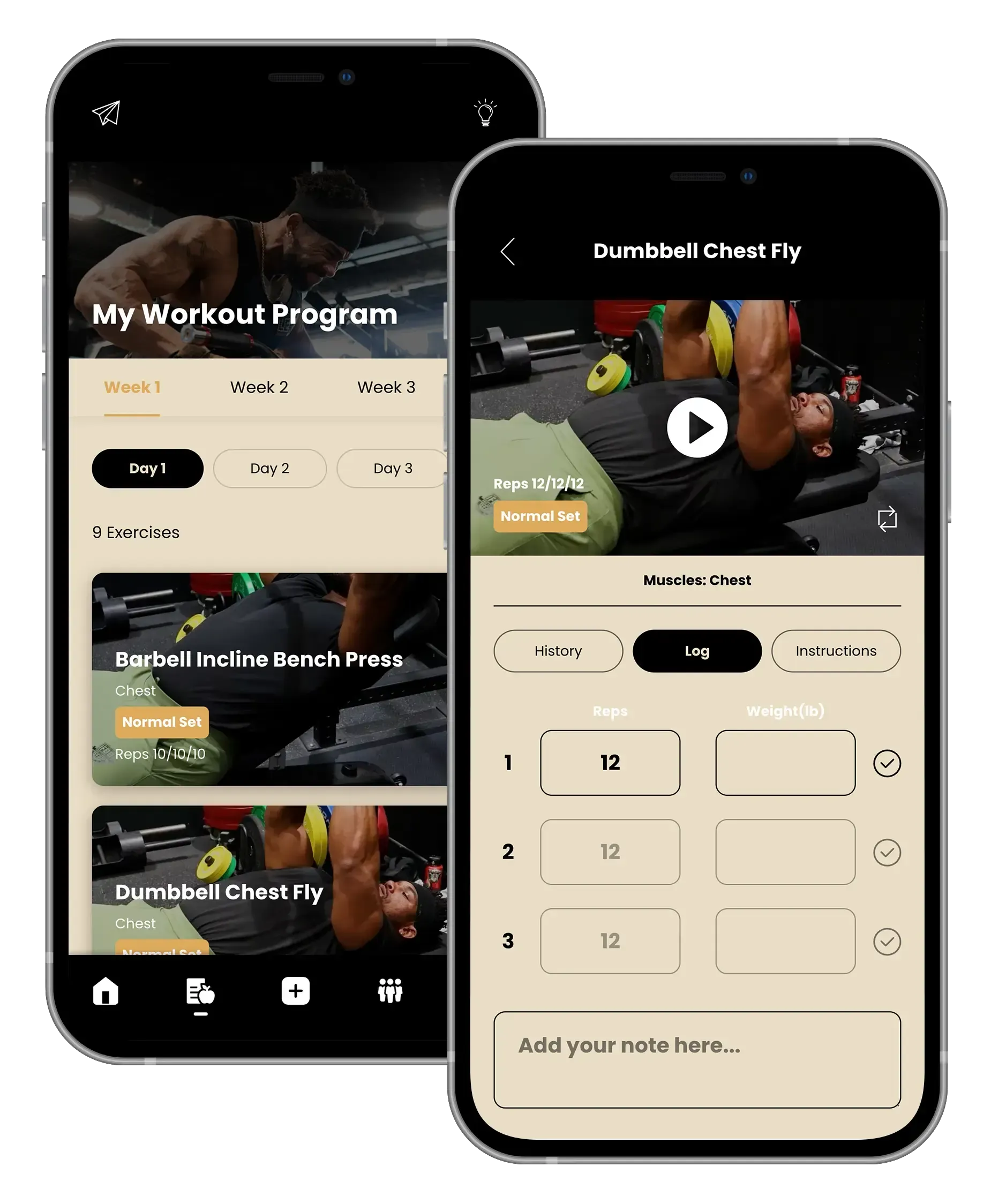 Two smartphones displaying a fitness app: workout program menu and dumbbell incline bench press exercise details.