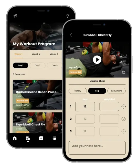 Two smartphones displaying a fitness app: workout program menu and dumbbell incline bench press exercise details.