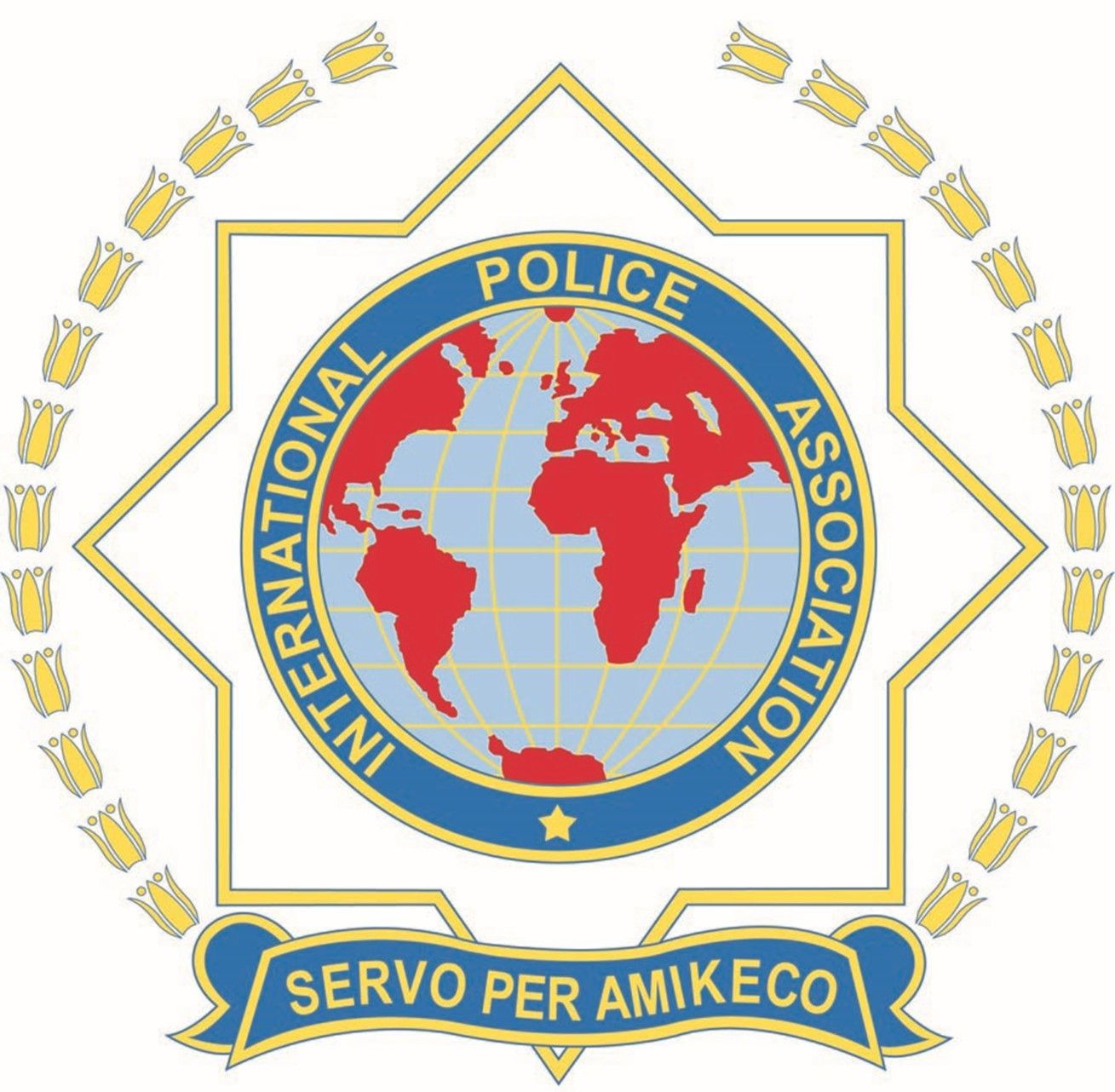 International Police Association emblem with globe, text, and wreath.