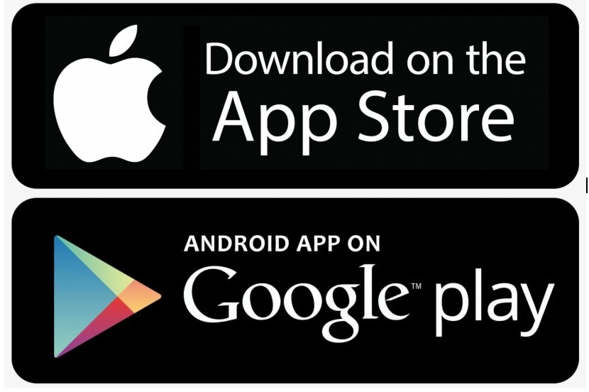 App Store and Google Play badges for app download.