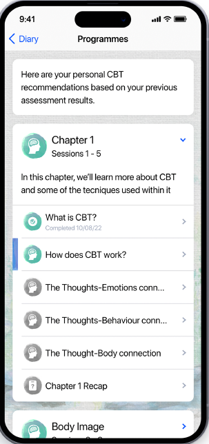 Mobile screen showing a CBT program with chapters and session titles, including