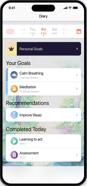 Mobile app screen showing a diary with personal goals, recommendations, and completed tasks.