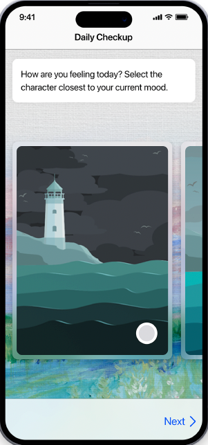 A mobile app screen for a daily checkup. The app prompts the user to select an image that best represents their current mood.