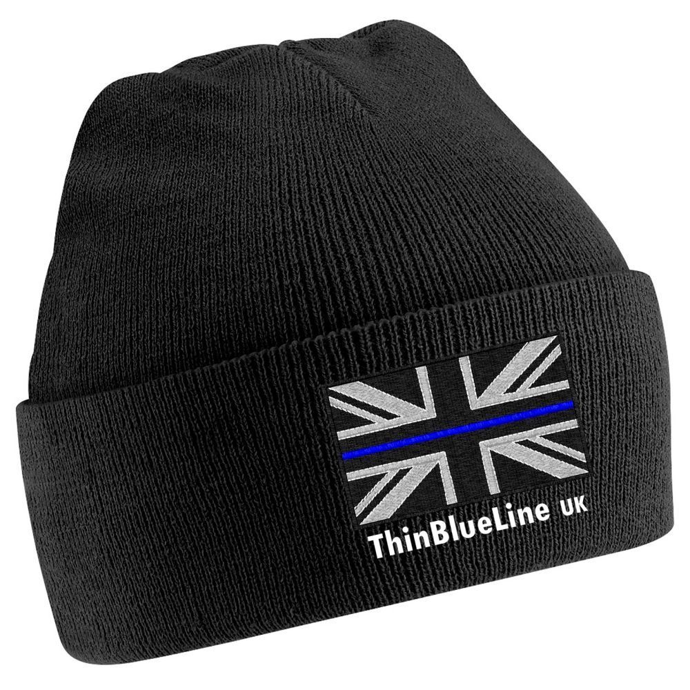 Black beanie with a UK flag patch featuring a blue line and "ThinBlueLine UK" text.