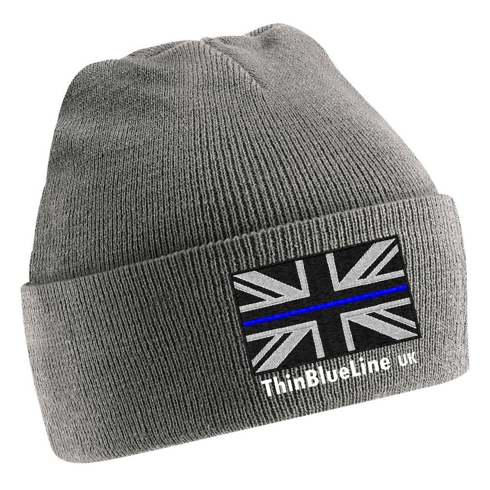 Black beanie with a UK flag patch featuring a blue line and