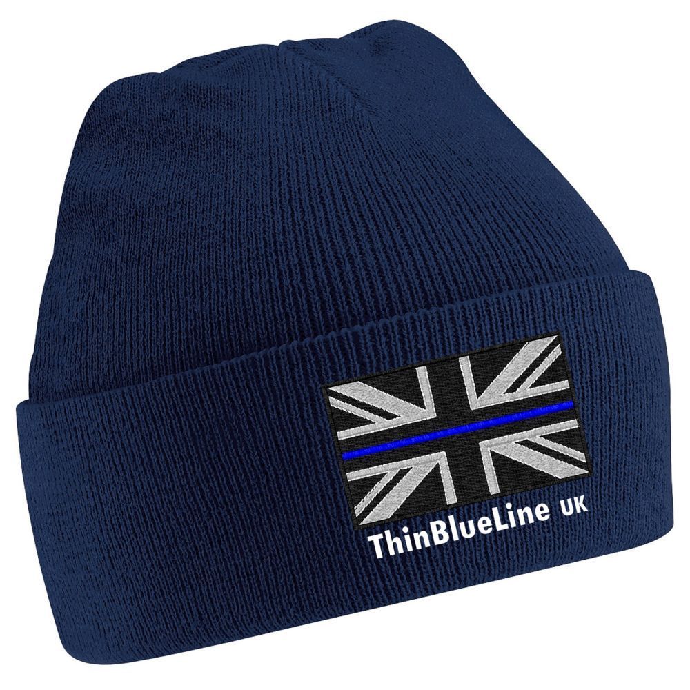 Navy blue beanie with a UK flag patch featuring a blue line and