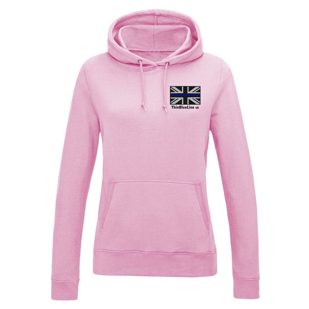 Pink hoodie with pocket, hood, and small British flag logo.
