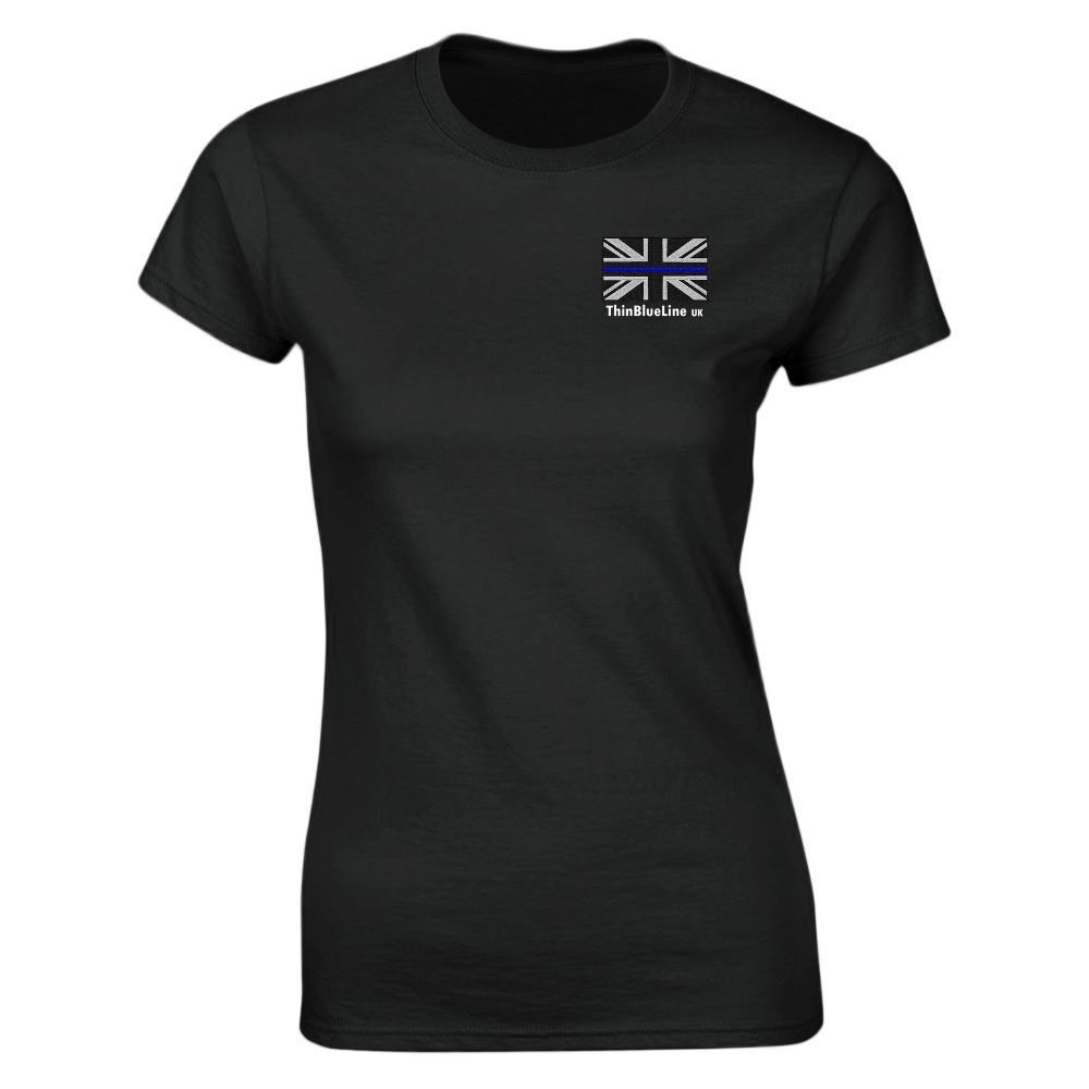 Black t-shirt with small UK flag logo on the chest.