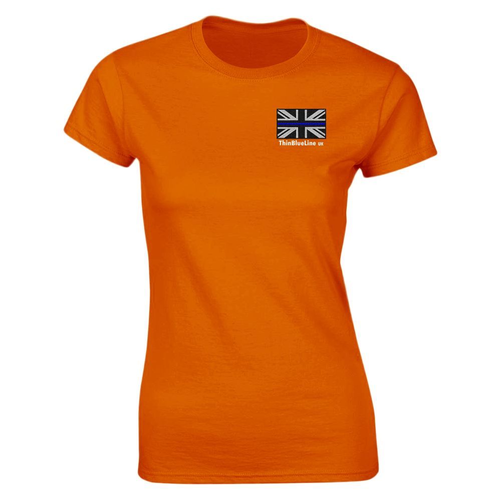 Orange t-shirt with small Union Jack flag emblem on the chest.
