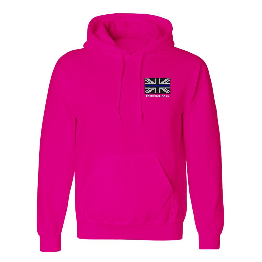 Black hoodie with small UK flag graphic on the left chest.