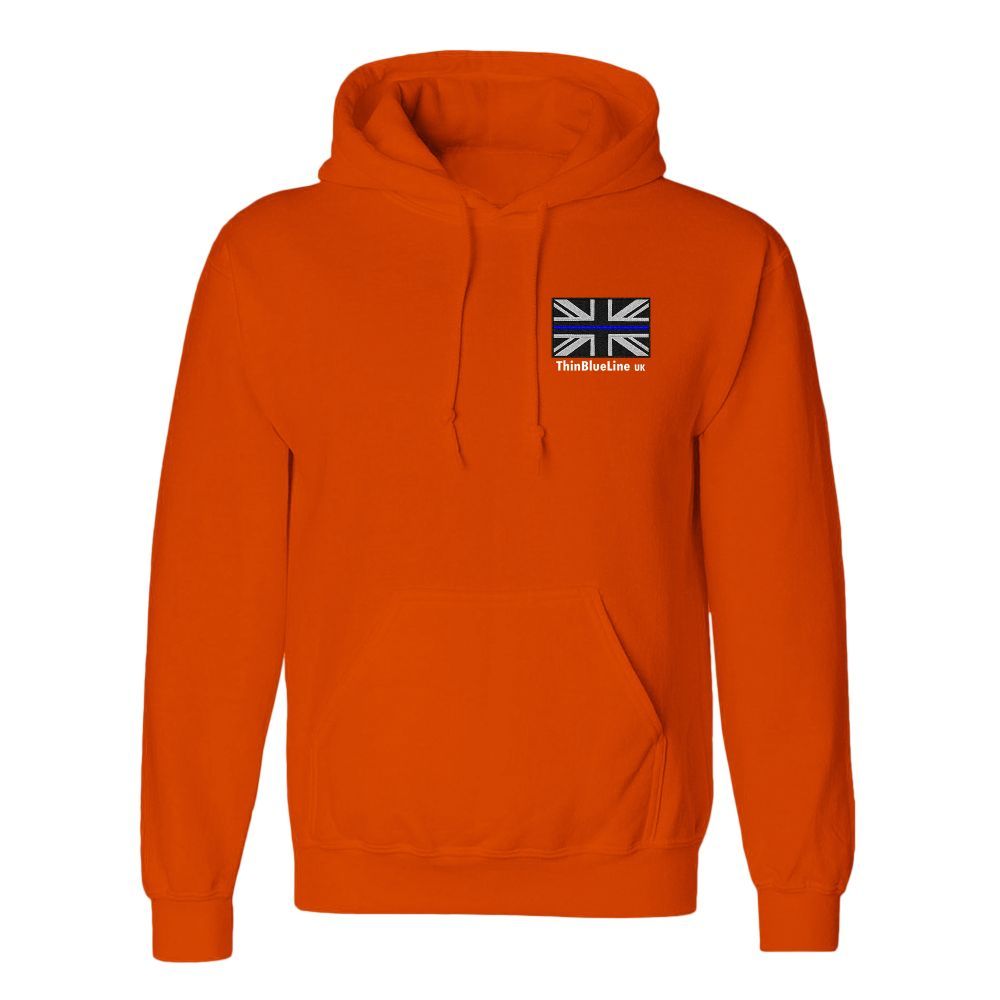 Orange hoodie with a small Union Jack flag design on the chest.