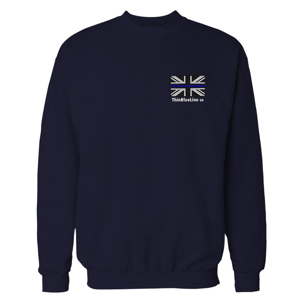 Navy blue sweatshirt with a small Union Jack flag and a blue stripe.