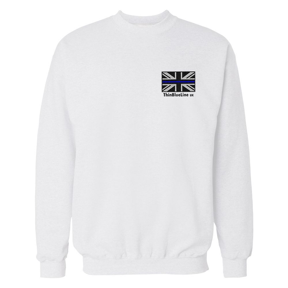 White sweatshirt with a small Union Jack flag logo on the chest. The flag has a blue line.