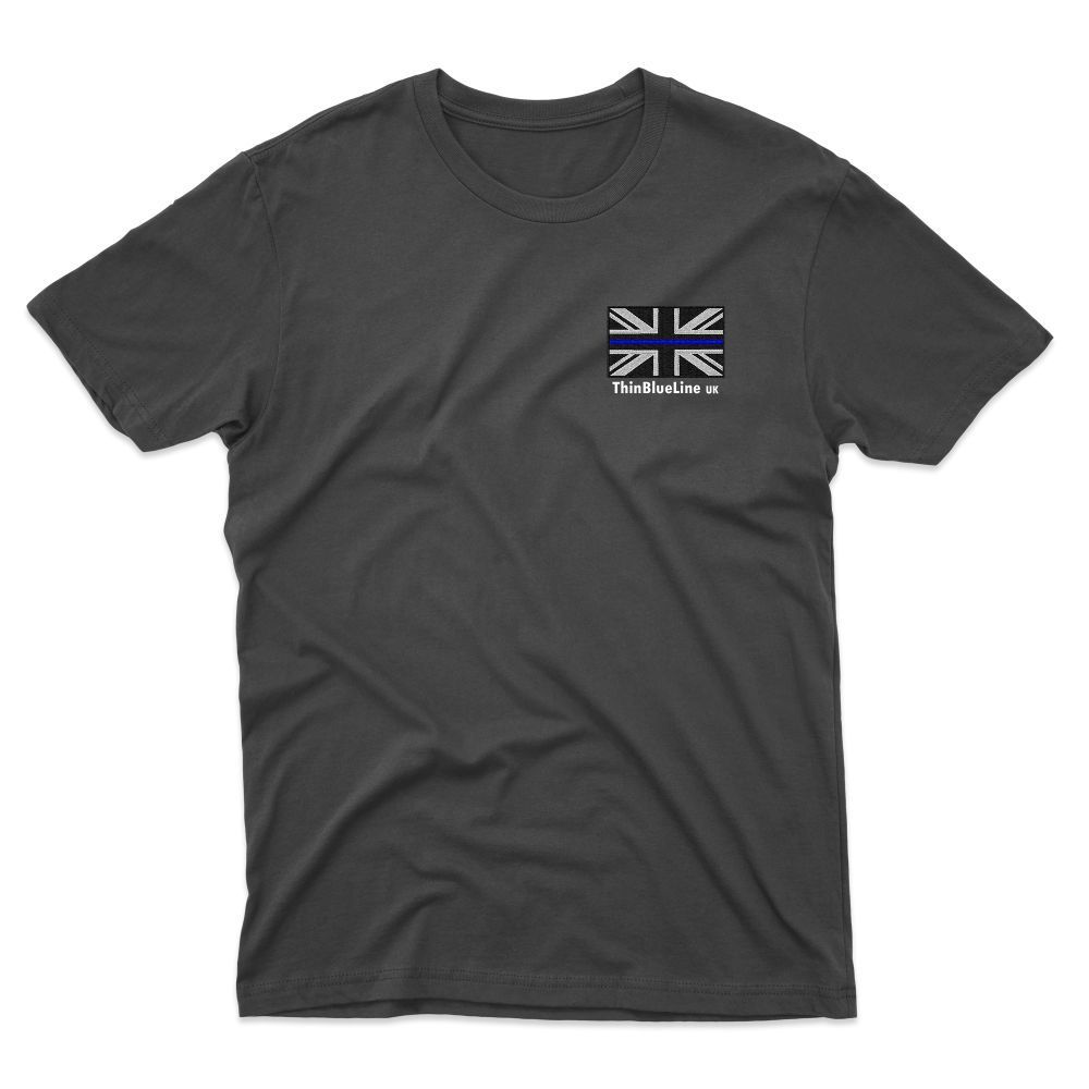 Gray t-shirt with a small UK flag design on the pocket. The flag has a blue stripe through it.