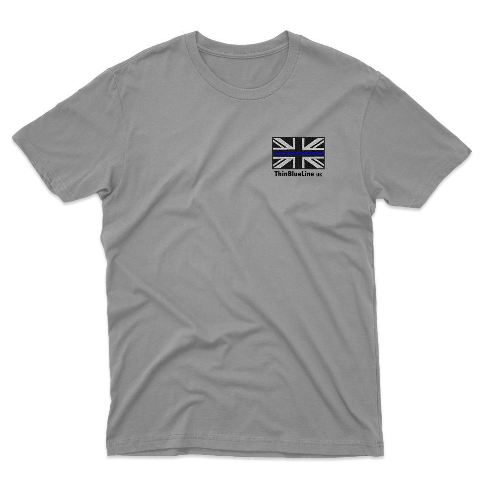 Gray t-shirt with a small UK flag design on the pocket. The flag has a blue stripe through it.