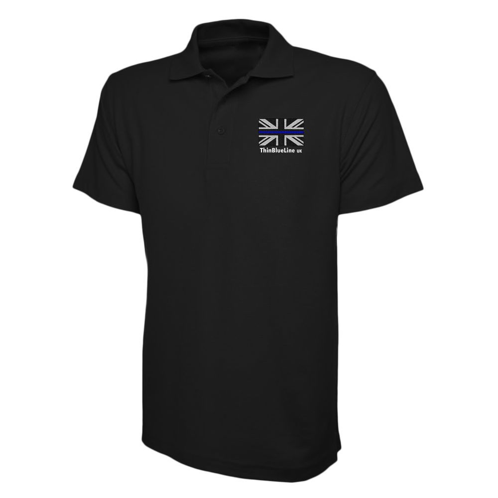 Black polo shirt with a small, stylized British flag on the chest.