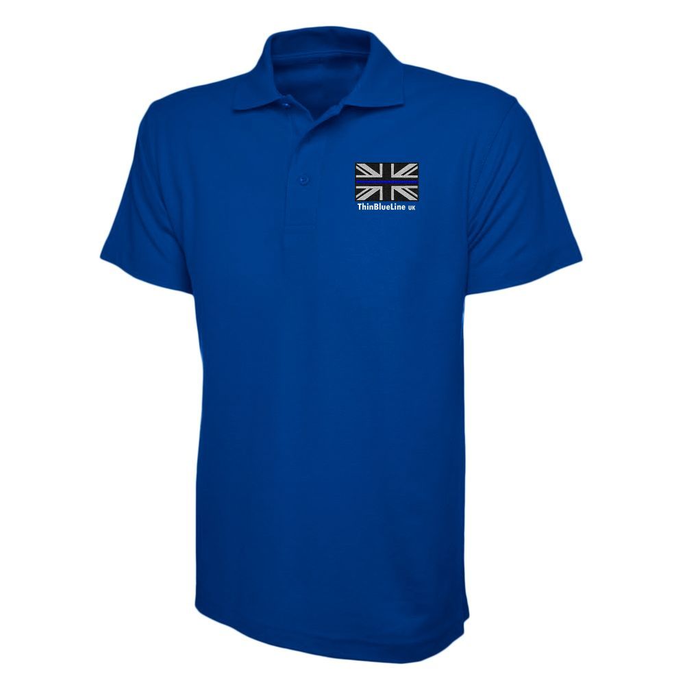 Royal blue polo shirt with small British flag patch on the left chest.