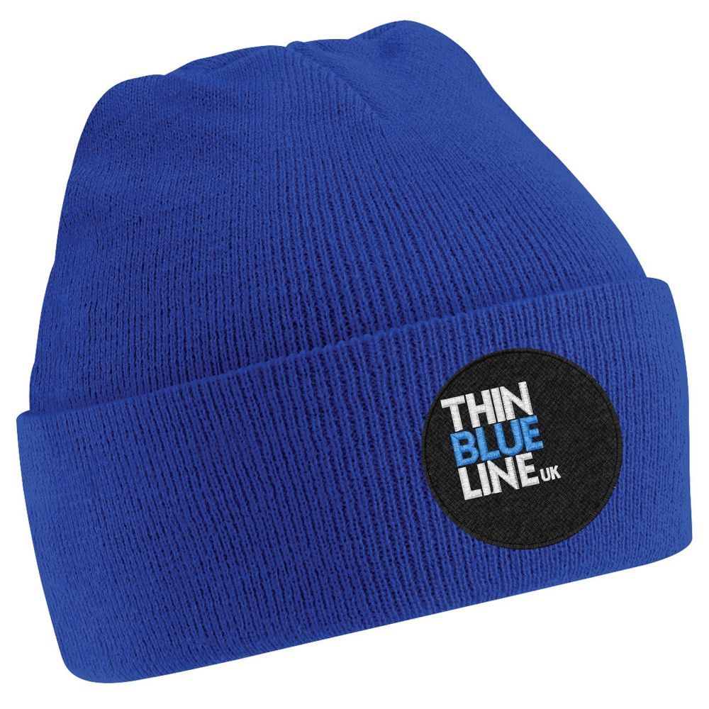 Blue beanie with a black patch that says "Thin Blue Line UK."