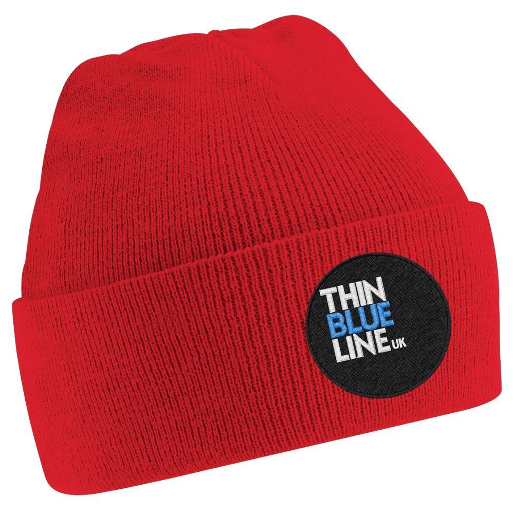 Thin Blue Line red beanie hat with logo on