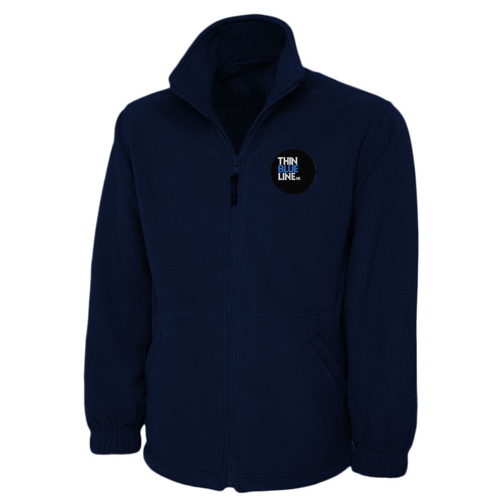 Blue fleece jacket with black logo on chest.