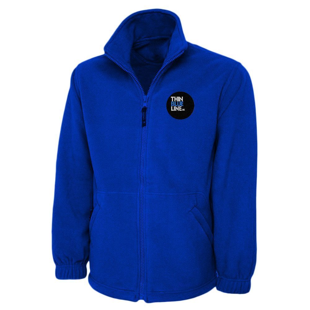 Blue fleece jacket with black logo on chest.