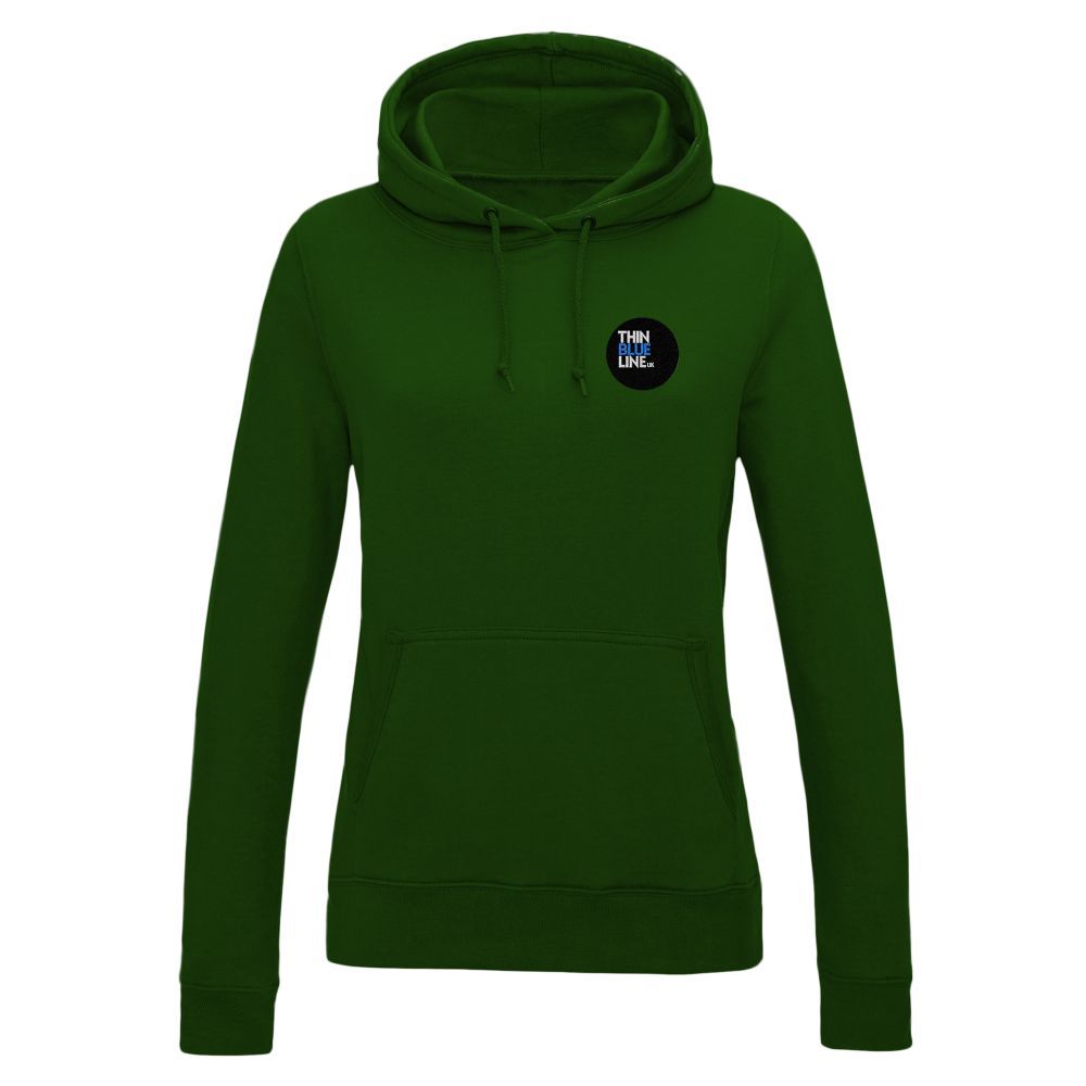 Dark green hoodie with a small, circular logo on the chest.