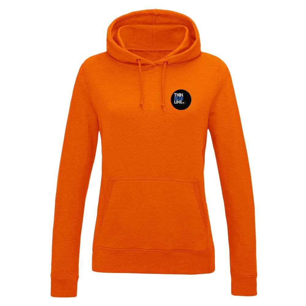 Orange hoodie with a small circular logo on the chest.
