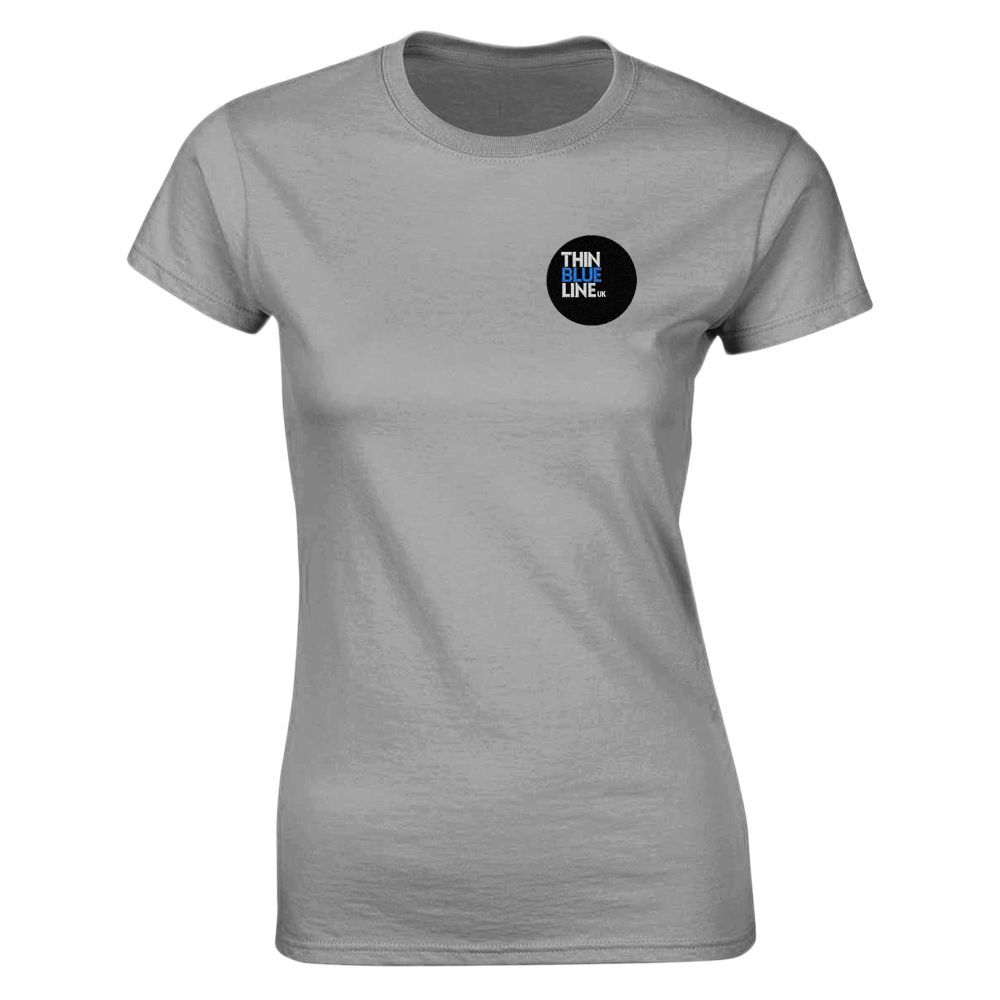 Gray t-shirt with a small circular logo on the chest: black circle with a blue and white design.