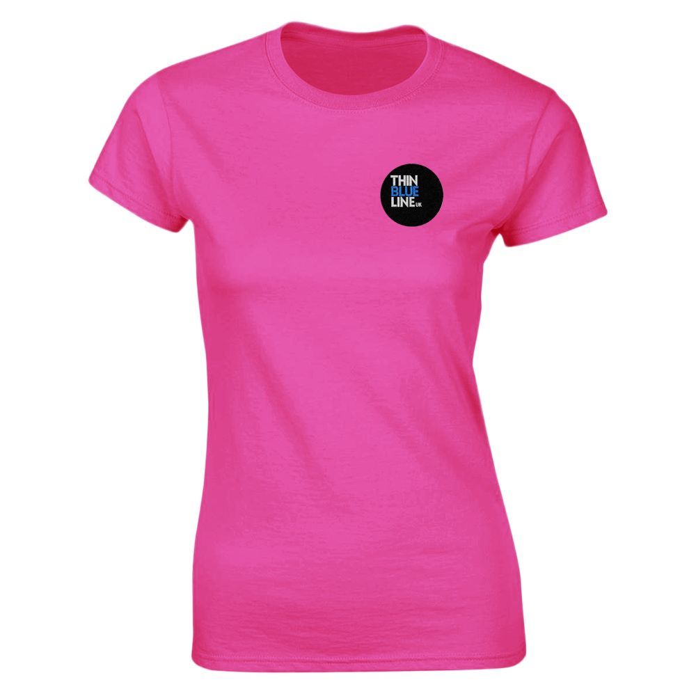 Pink t-shirt with a circular logo on the chest.