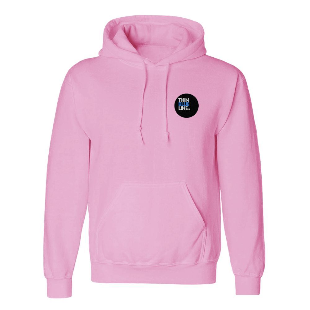 Light gray hoodie with a logo on the upper left chest.