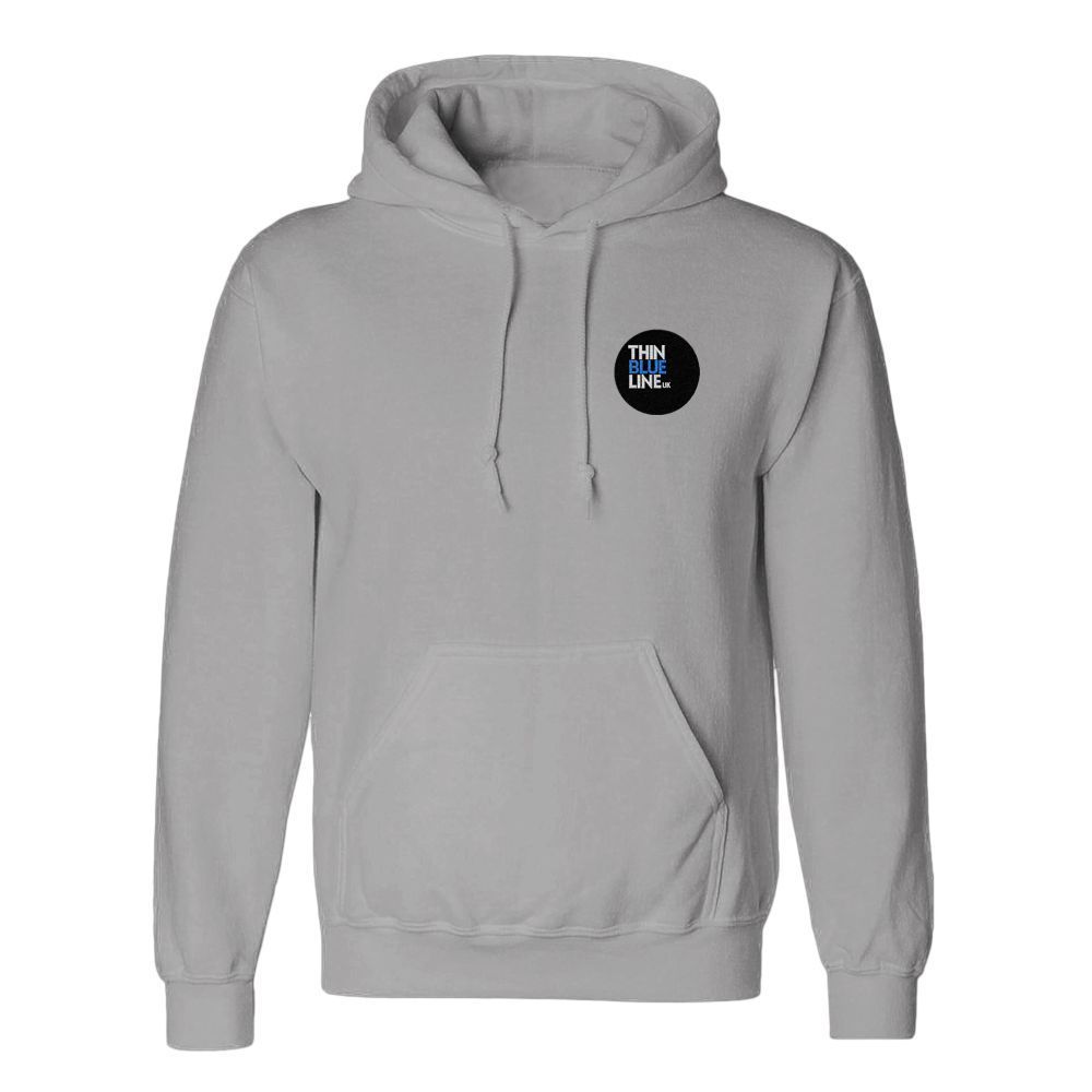 Light gray hoodie with a logo on the upper left chest.