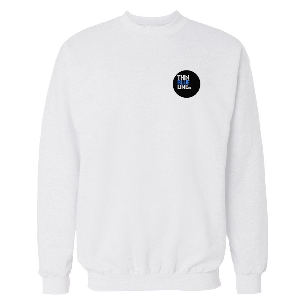 White sweatshirt with a small black circle logo on the chest.