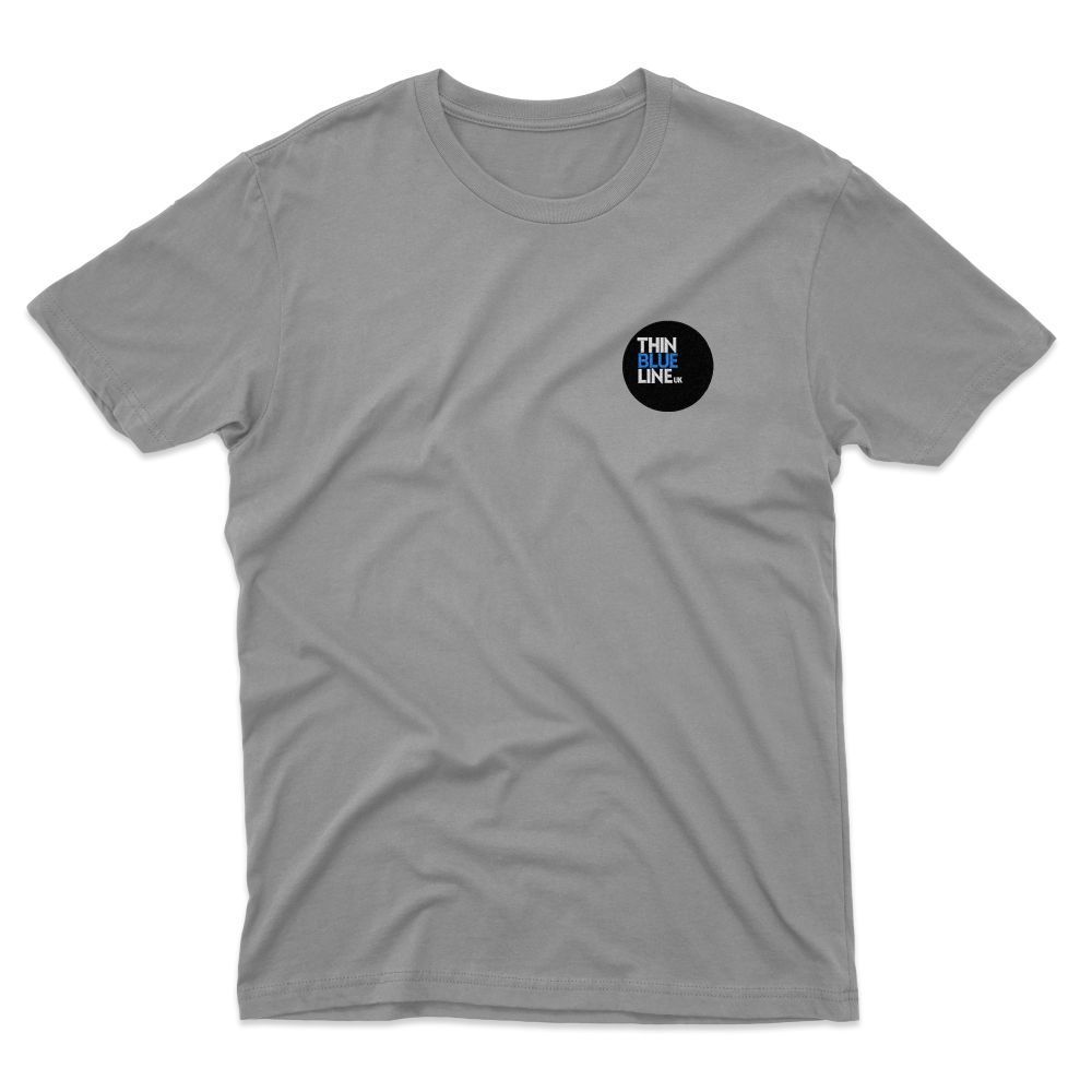 Gray t-shirt with a small, round logo on the left chest.