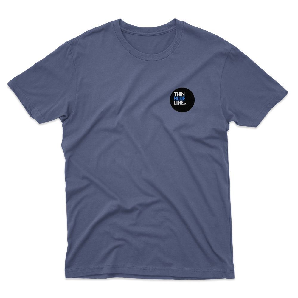 Blue t-shirt with a small circular logo on the chest featuring a black background and white text.