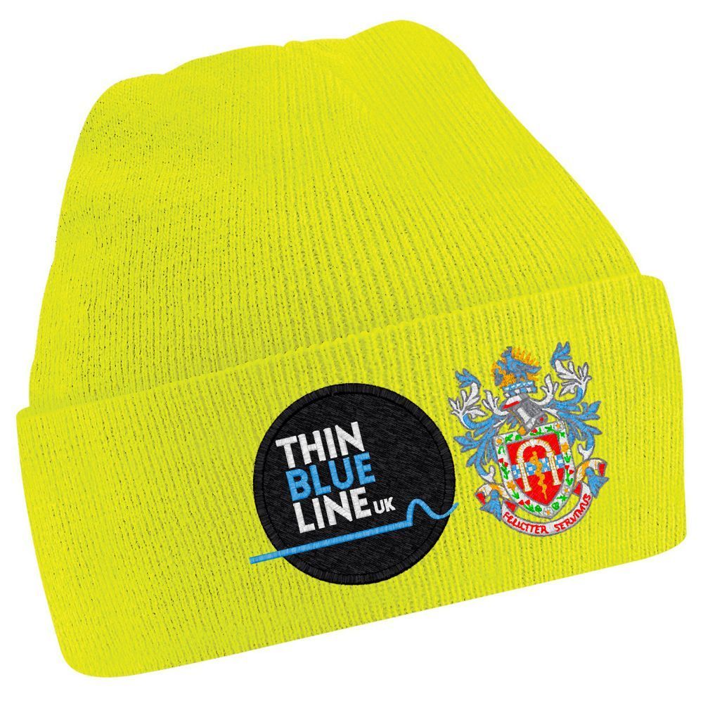 Neon yellow beanie with "Thin Blue Line UK" logo and emblem.