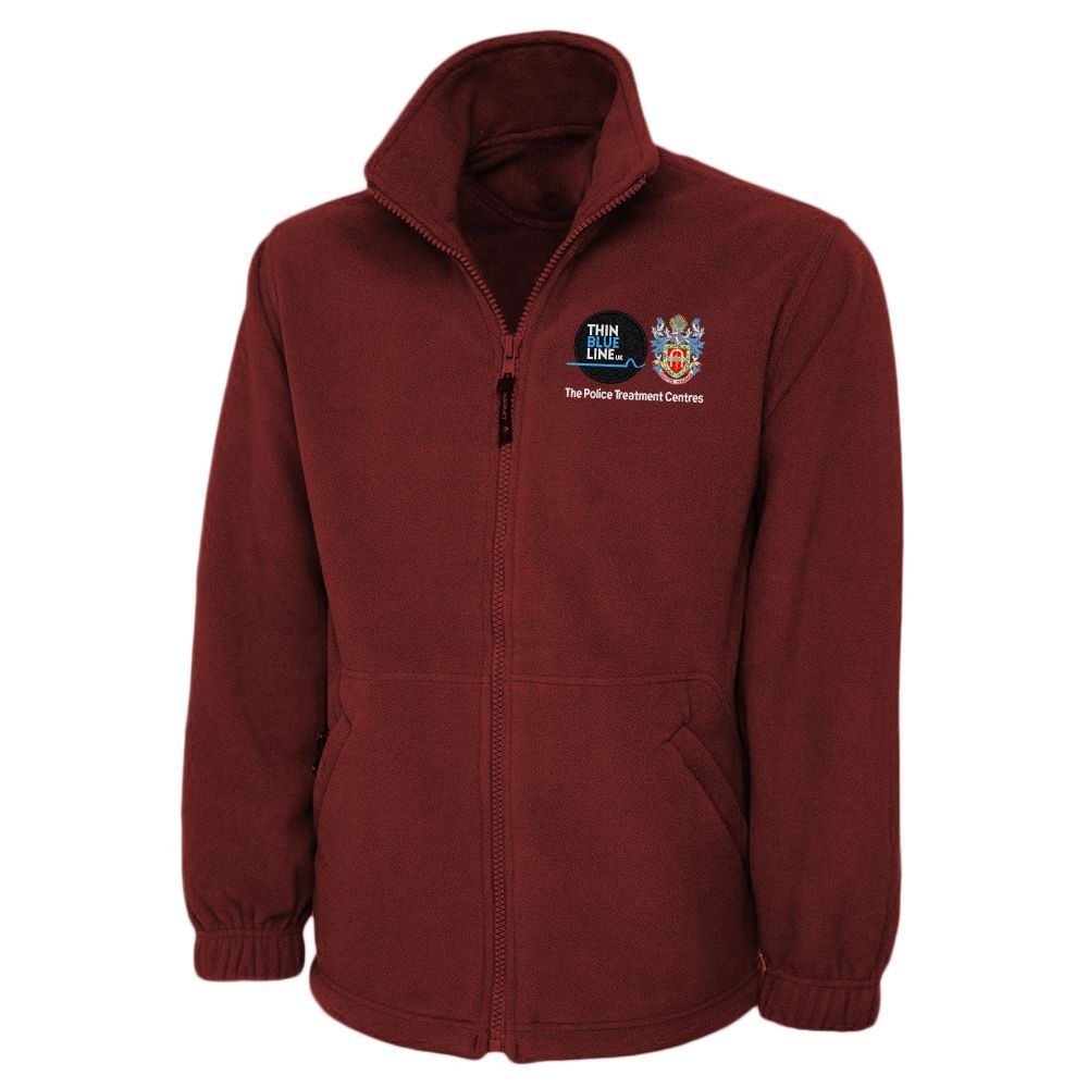Burgundy fleece jacket with a logo on the left chest.