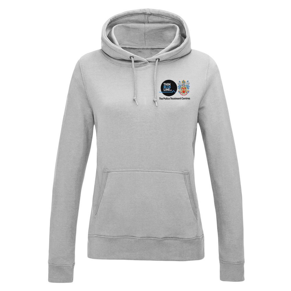 Light gray hoodie with a small logo on the chest.