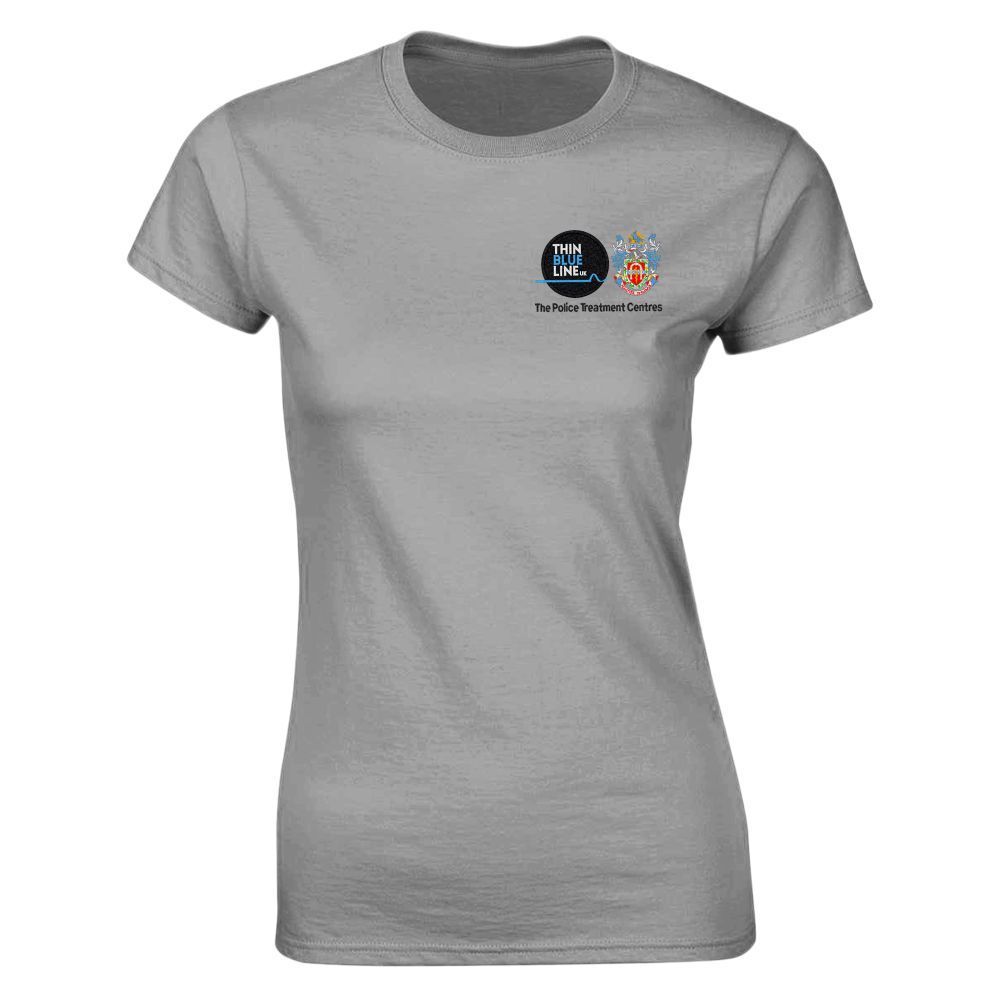 Gray t-shirt with a small logo on the upper left chest: a black circle, blue background, and text below.