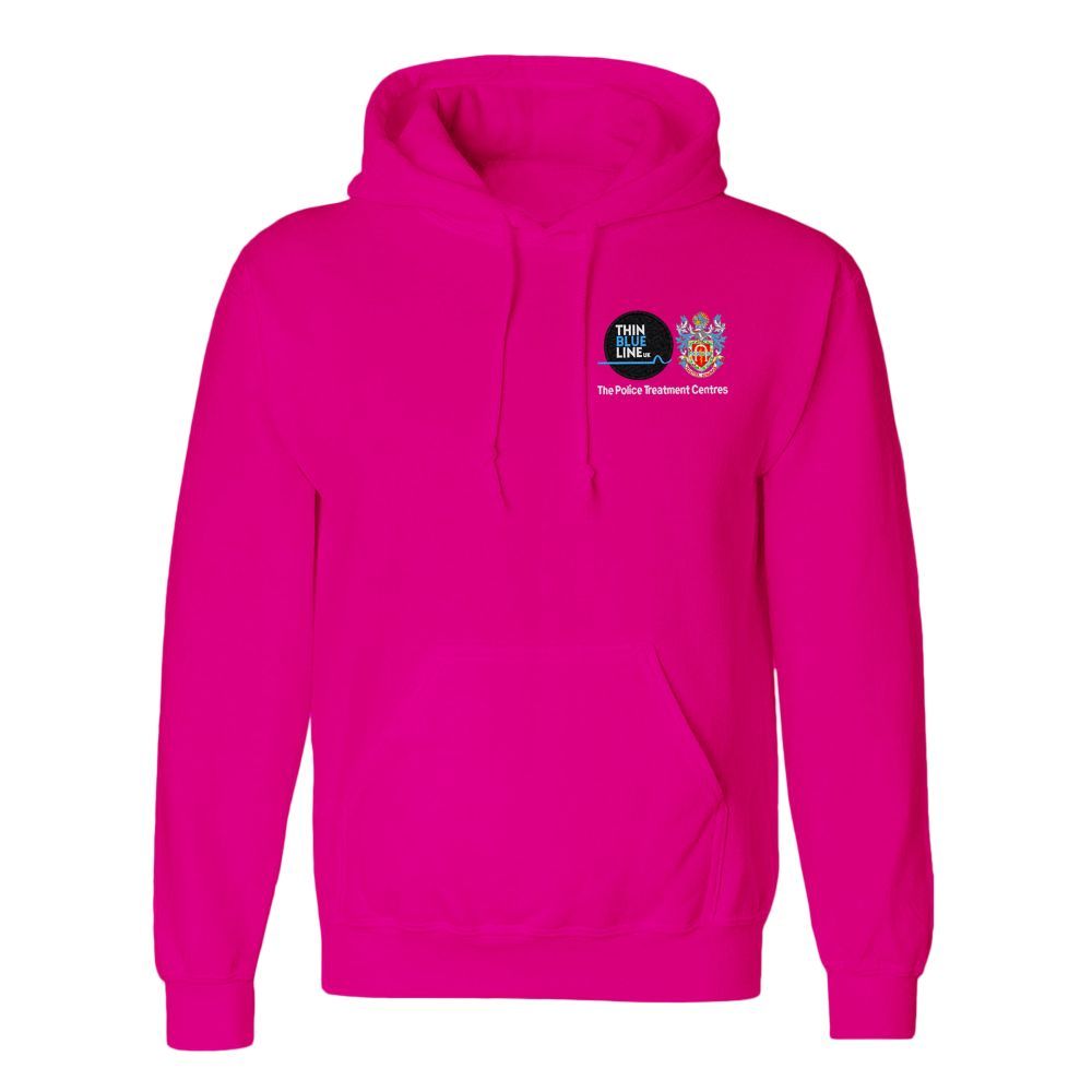 Hot pink hoodie with a small logo on the left chest.