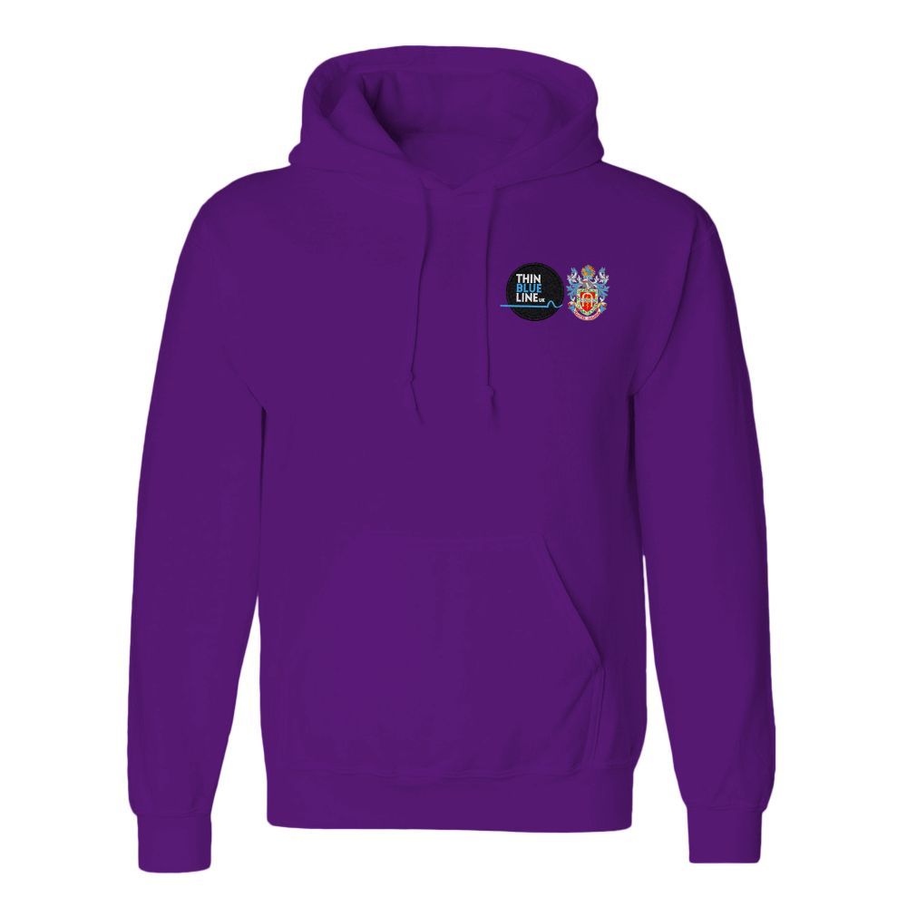 Hot pink hoodie with a small logo on the left chest.