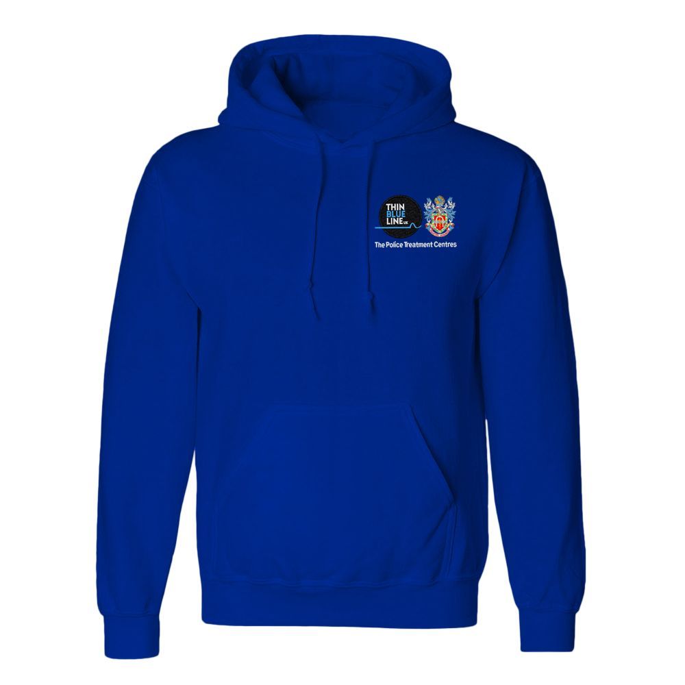Royal blue hoodie with small emblems near the chest.