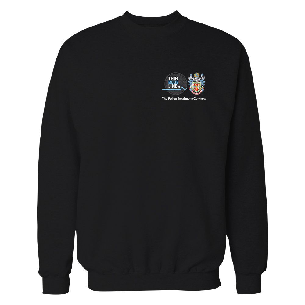 Black sweatshirt with two small logos on the chest.