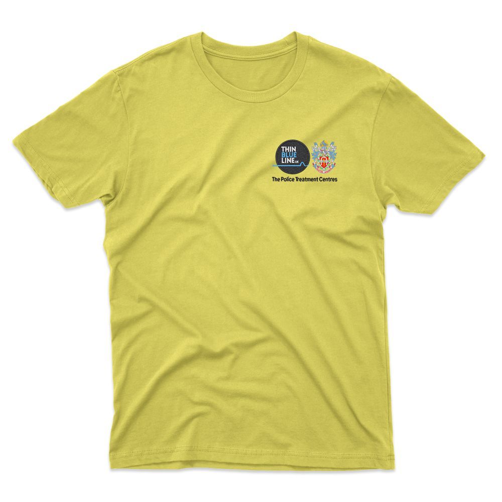 Yellow t-shirt with two small logos on the chest; one with a factory, the other a crest with a shield.