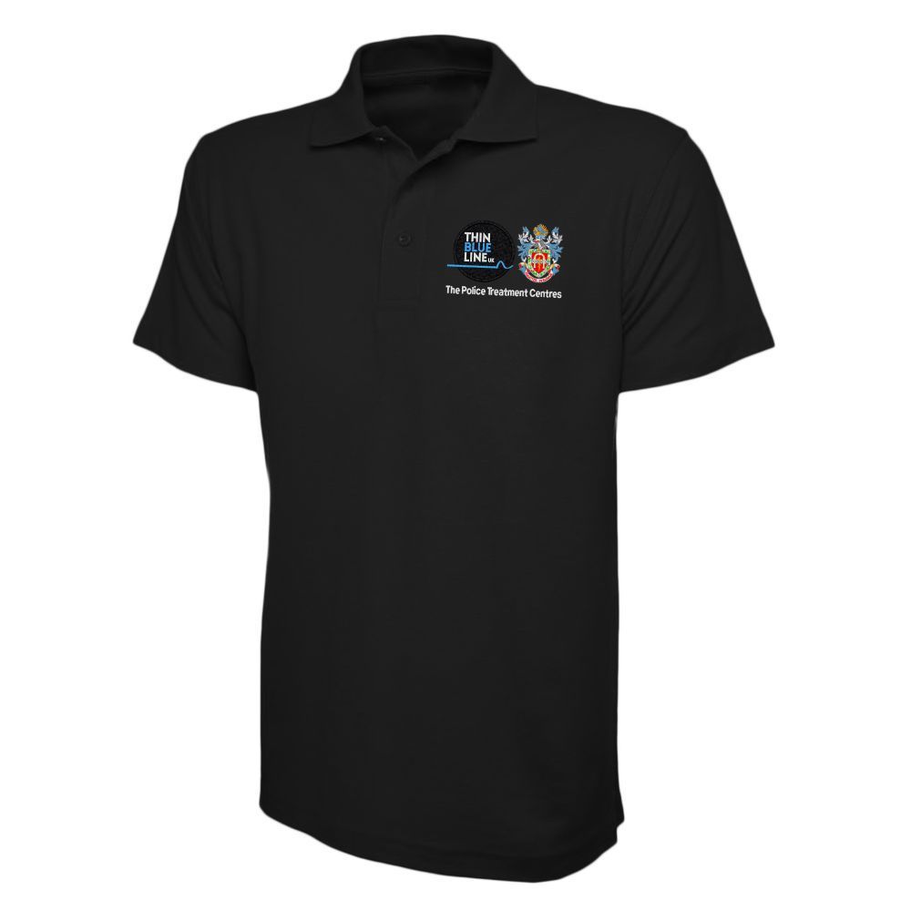 Black polo shirt with a logo on the left chest.